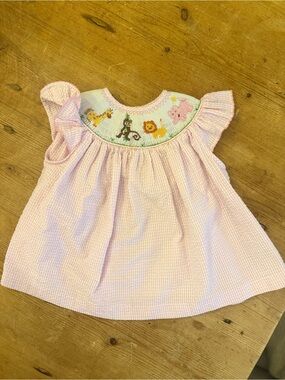 Smocked Pink Flutter-Sleeve Baby Top with Safari Embroidery